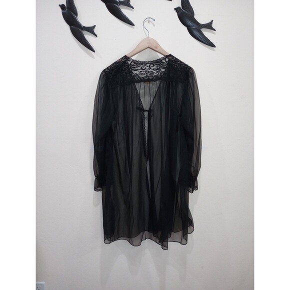 Vintage Barbizon Black Sheer Nylon & Lace Peignoir Robe - M / L - Picture 3 of 6